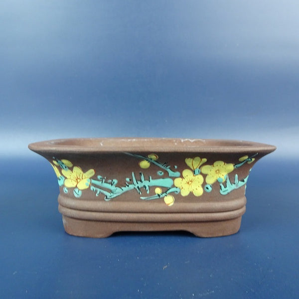 中古盆栽鉢 落款あり 小鉢 長辺 約 11.6cm 長方鉢 外縁 下帯 色絵 花 泥鉢 観賞用  中古鉢 f1198406231