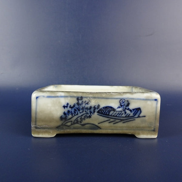 中古盆栽鉢 落款あり小鉢 長辺 約 8.5cm 長方鉢 人物 風景 模様 観賞用  中古鉢 k1198405285