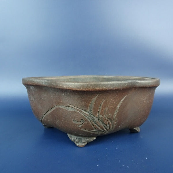 中古盆栽鉢 落款あり 小型 長辺 約13.7cm 木瓜鉢 外縁 雲足 彫入 文字 植物 泥物  中古鉢 x1198412140