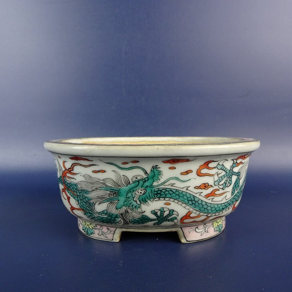 中古盆栽鉢 落款なし 小型 長辺 約 12.7cm 楕円鉢 外縁 絵鉢 龍 ドラゴン 観賞用  中古鉢 n1198414006