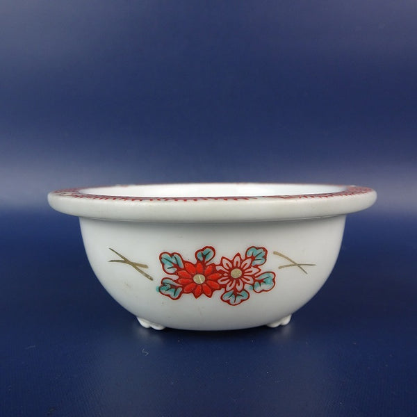 中古盆栽鉢 落款なし 小鉢 長辺 約 8cm 丸鉢 外縁 色絵 花 はな ハナ 模様 観賞用  中古鉢 e1198410239