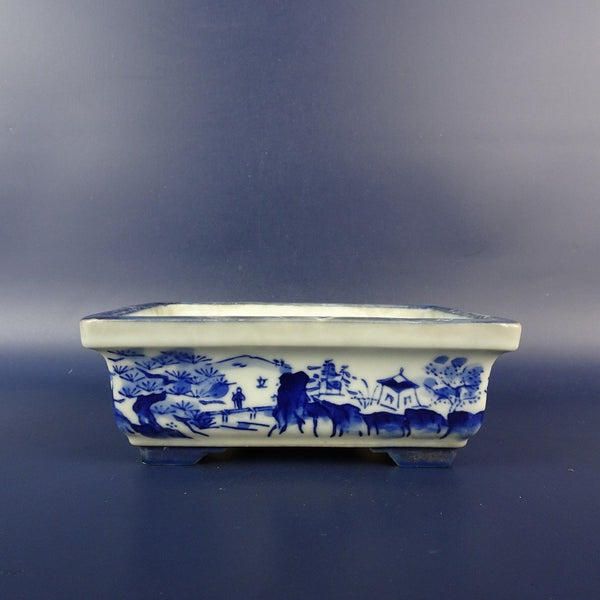 中古盆栽鉢 松泉 小型 長辺 約 13.3cm 長方鉢 外縁 染付 風景画 人物 中国鉢 観賞用  中古鉢 v1198439725