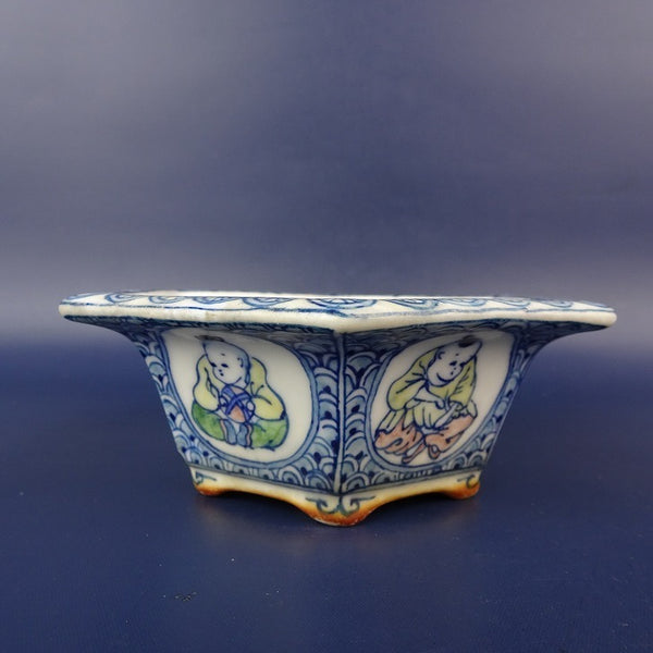 中古盆栽鉢 初代 石田 祥石 小型 長辺 約 11.8cm 六角鉢 外縁 色絵 唐子 模様 観賞用  中古鉢 o1198424628