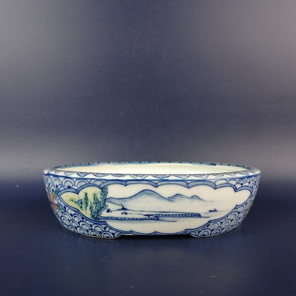 中古盆栽鉢 初代 祥石 長辺 約 13cm 楕円鉢 絵鉢 山水図 観賞用  中古鉢 v1198443503