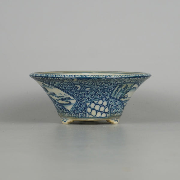 中古 盆栽鉢 初代 祥石 小型 長辺 約 11cm 丸鉢 窓抜 山水図 波紋 模様 観賞用  中古鉢 x1198410292