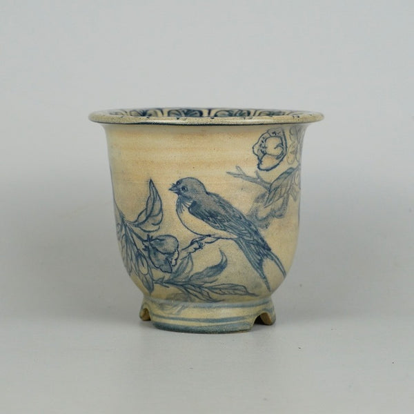 中古盆栽鉢 初代 祥石 小型 長辺 約 10.8cm 丸鉢 染付 鳥 花 箱付 観賞用  中古鉢 t1198412960