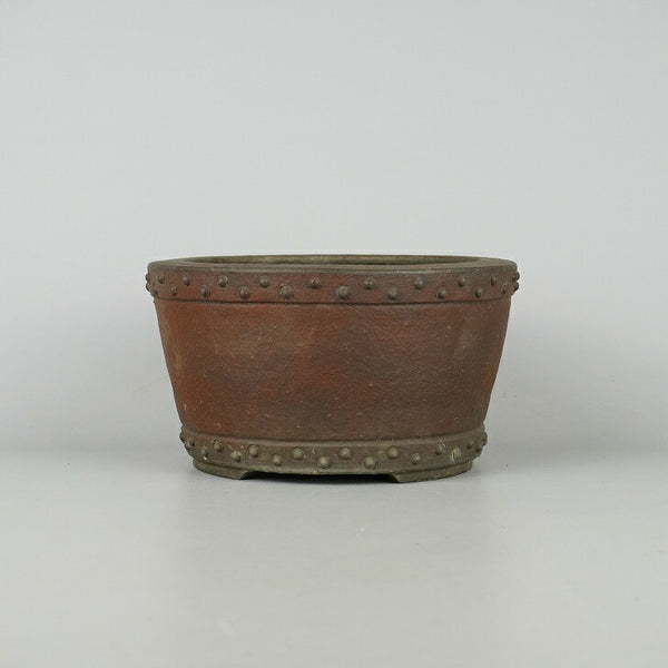 中古盆栽鉢 常滑 十王堂 松泉造 小型 長辺 約 18cm 丸鉢 鋲打 泥物  中古鉢 p1198421907