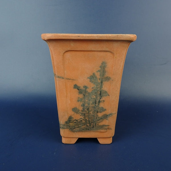 中古盆栽鉢 文山 小型 高さ 約11cm 正方鉢 外縁 窓入 墨絵 風景画 泥鉢 観賞用  中古鉢 h1198424031