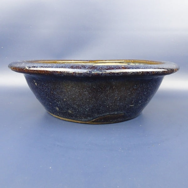 中古盆栽鉢 落款なし 中型 長辺 約26.5cm 丸鉢 外縁 ナマコ釉 釉薬 中国鉢  中古鉢 k1198407240
