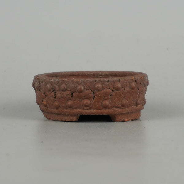中古 盆栽鉢 十王堂 松泉作 小鉢 長辺 約 6.3cm 丸鉢 鋲打 泥物  中古鉢 m1198413101