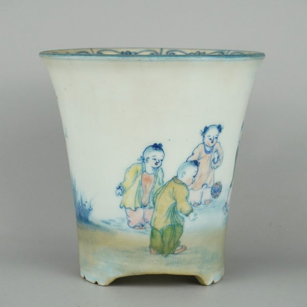 中古盆栽鉢 初代 石田 祥石 長辺 約14cm 丸鉢 色絵 唐子 山水図  中古鉢 l1198416150