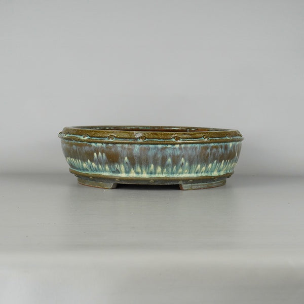 中古 盆栽鉢 常滑 秀峰 義村陶園 中型 長辺 約33cm 丸鉢 鋲打 上下帯 釉薬  中古鉢 l1198414353