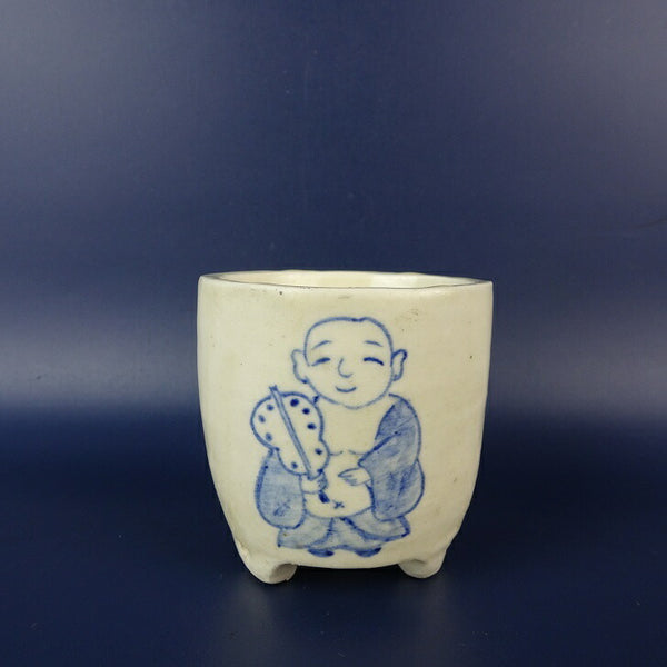 中古盆栽鉢 落款なし 小鉢 長辺 約 6.7cm 丸鉢 布袋 弁天 絵鉢 観賞用  中古鉢 w1198407585