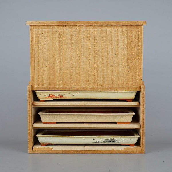 中古 盆栽鉢 景仙 3点セット 中型 長辺 約21.5cm 長方鉢 赤絵 釉薬 絵鉢  中古鉢 s1198408496