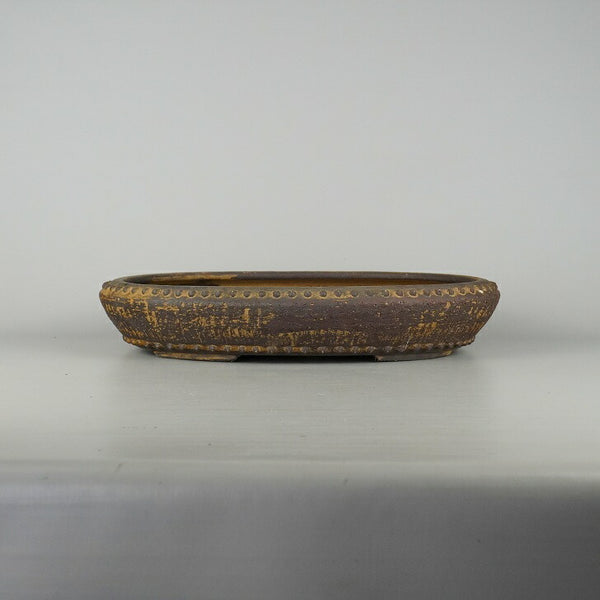 中古 盆栽鉢 常滑 秀峰 中型 長辺 約37.5cm 楕円鉢 鋲打 泥物  中古鉢 g1198418928