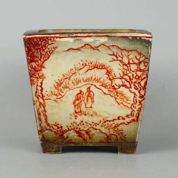 盆栽鉢 彦山人 小鉢 長辺 約 5.8cm 正方鉢 赤絵 山水画  中古鉢 l1198413277