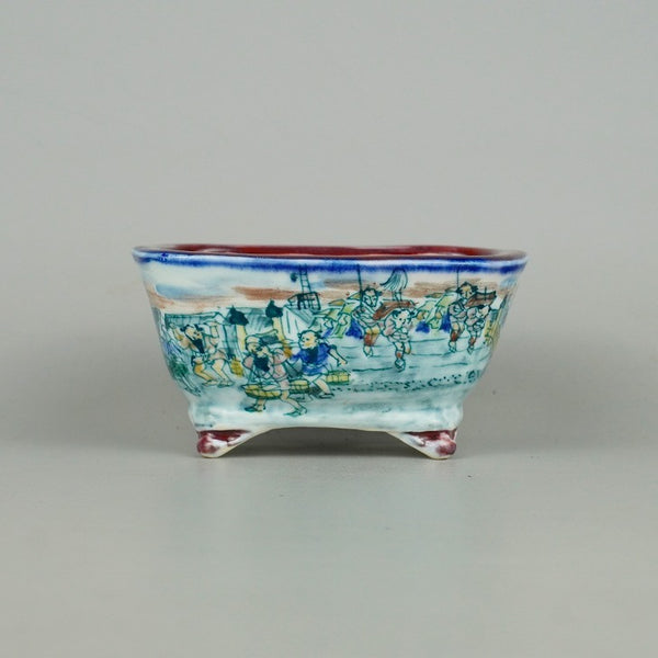 盆栽鉢 陶翠 小型 長辺 約11cm 長方鉢 色絵 東海道 日本橋 風景 人物 松 観賞用 m1198405046