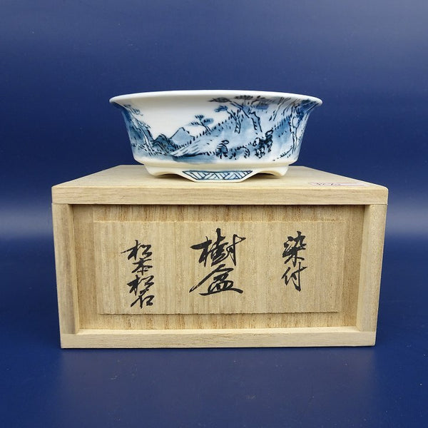 中古盆栽鉢 松本 松石 小型 長辺 約 9.8cm 丸鉢 外縁 染付 日坂 風景画 共箱 共布  中古鉢 x1198408941