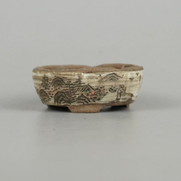 中古盆栽鉢 光峰作 小鉢 長辺 約5.8cm 丸鉢 山水図 観賞用  中古鉢 x1198407398