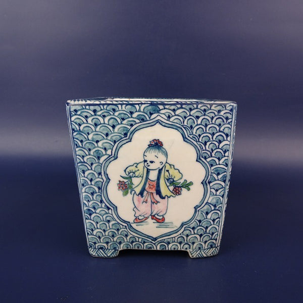 中古盆栽鉢 ゆうき祥石 小鉢 長辺 約 8.6cm 正方鉢 色絵 唐子 波紋 模様 観賞用  中古鉢 d1198421782