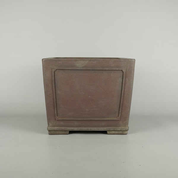 中古盆栽鉢 山秋造 松泉焼 中型 長辺 約 24.5cm 正方鉢 額付 下帯 懸崖 泥物  中古鉢 m1198406181