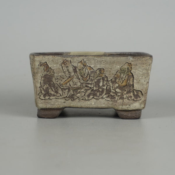 中古盆栽鉢 茶山 茶山彫 小鉢 長辺 約8cm 長方鉢 彫入 山水 老人図 観賞用  中古鉢 q1198413229