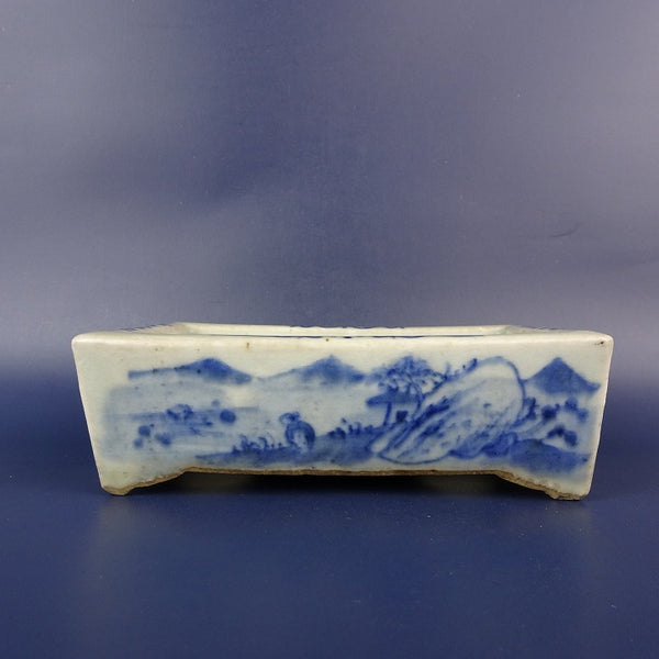 中古盆栽鉢 瀬戸焼 落款なし 小型 長辺 約14.6cm 長方鉢 染付 風景 人物 観賞用  中古鉢 g1198418085