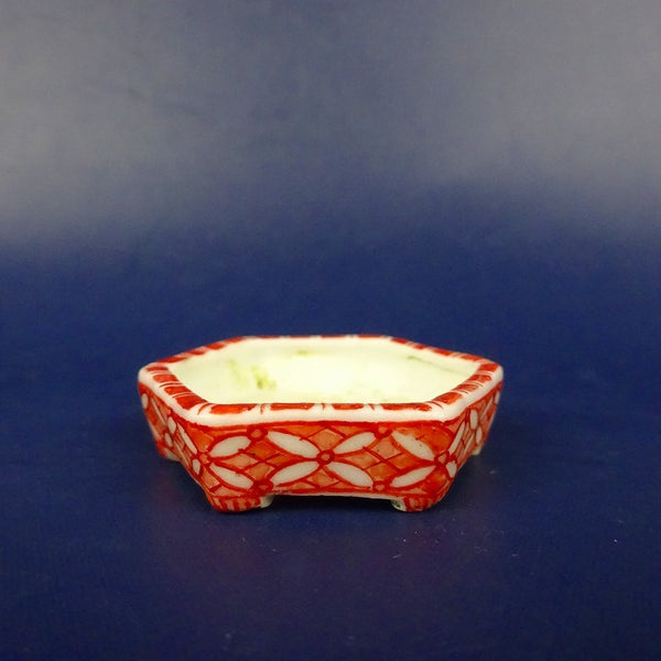 中古盆栽鉢 彦山人 豆鉢 長辺 約4cm 六角鉢 切足 赤絵  中古鉢 l1198411132