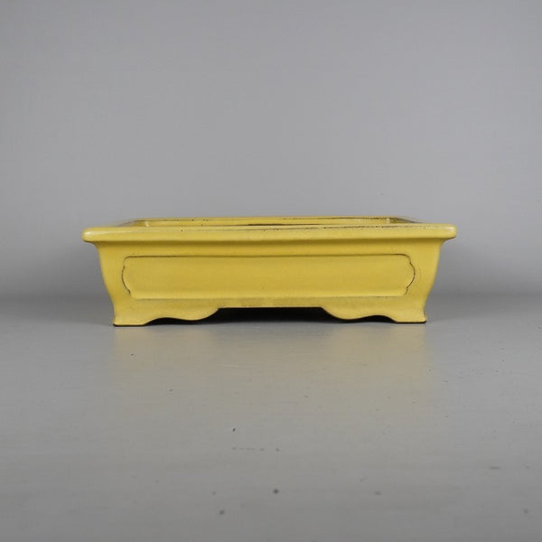 中古盆栽鉢 常滑 山秋造 松泉焼 中型 長辺 約32cm 長方鉢 窓入 黄釉 釉薬  中古鉢 p1198412496