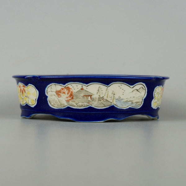 中古 盆栽鉢 月香 小型 長辺 約14cm 楕円鉢 窓抜 色絵 鳳凰 花 山水図 瑠璃 釉薬  中古鉢 h1198429007