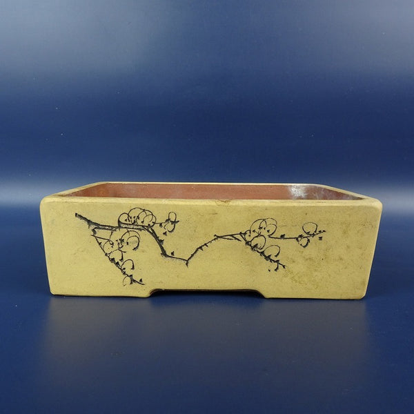 中古盆栽鉢 落款なし 小型 長辺 約 16cm 長方鉢 釘彫 花 文字 釉薬  中古鉢 u1198427579