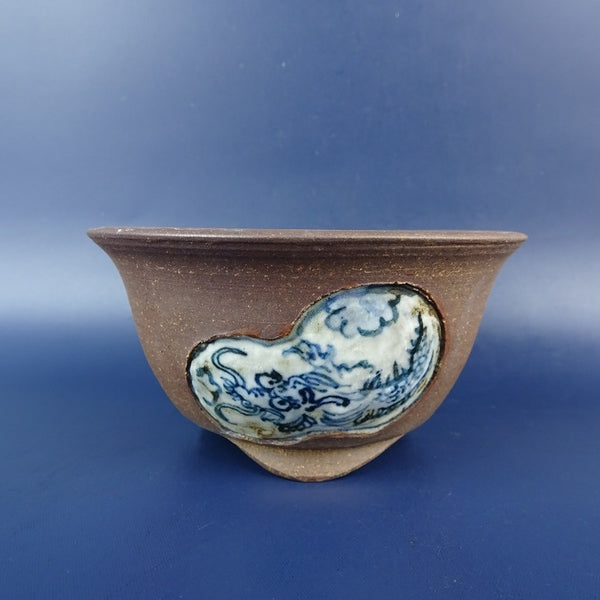 中古盆栽鉢 秀山 小型 長辺 約10cm 丸鉢 外縁 染付 龍 竜 泥鉢 観賞用  中古鉢 v1198435595