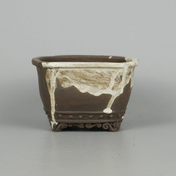 中古盆栽鉢 泥珠 小型 長辺 約11cm 正方鉢 鋲打 下帯 釉薬  中古鉢 d1198421339
