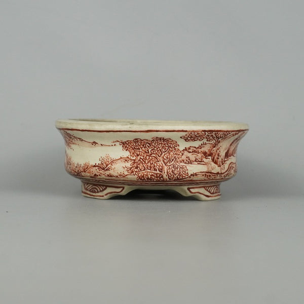 中古盆栽鉢 大助 小型 長辺 約 10.3cm 丸鉢 赤絵 山水図 箱付 観賞用  中古鉢 x1198417850