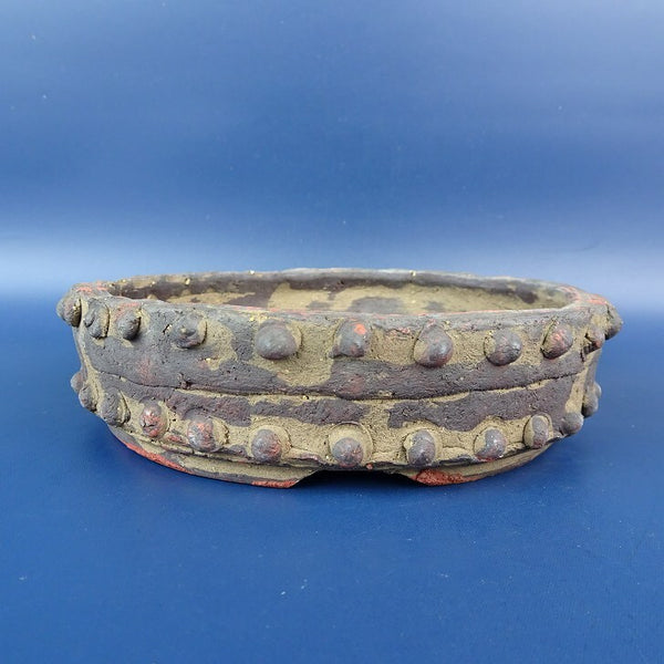 中古 盆栽鉢 常滑 秀峰造 小型 長辺 約15.5cm 丸鉢 鋲打 泥物  中古鉢 f1198405049