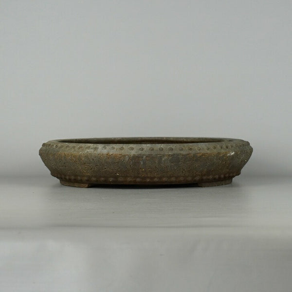 中古 盆栽鉢 常滑 秀峰 中型 長辺 約34.5cm 丸鉢 鋲打 泥物  中古鉢 x1198411286