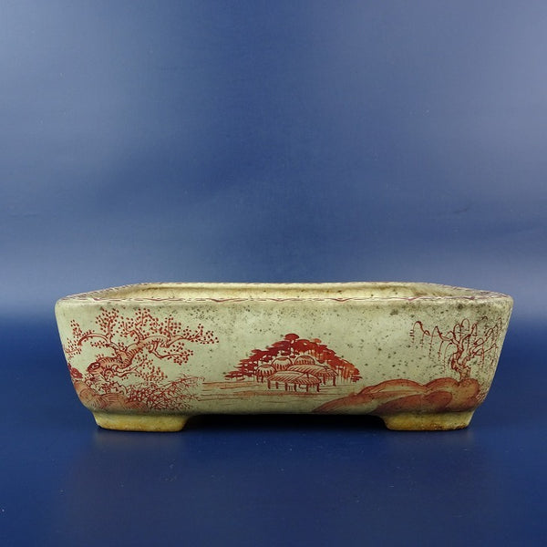 中古 盆栽鉢 常滑 山房造 小型 長辺 約16.5cm 長方鉢 絵鉢 風景画 釉薬  中古鉢 s1198415613