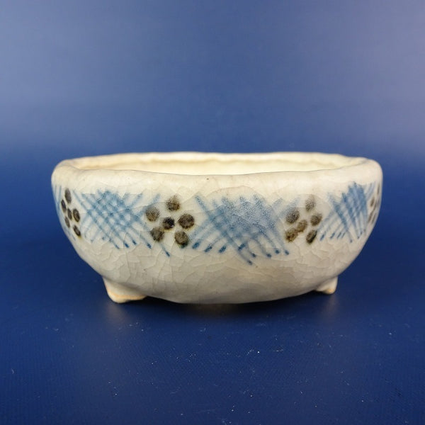 中古盆栽鉢 茶山 小鉢 長辺 約7cm 丸鉢 色絵 花 格子 貫入 釉薬 絵鉢  中古鉢 1198407218