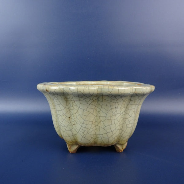 中古盆栽鉢 英明 小型 長辺 約 13.7cm 輪花鉢 外縁 貫入 釉薬  中古鉢 q1198416265