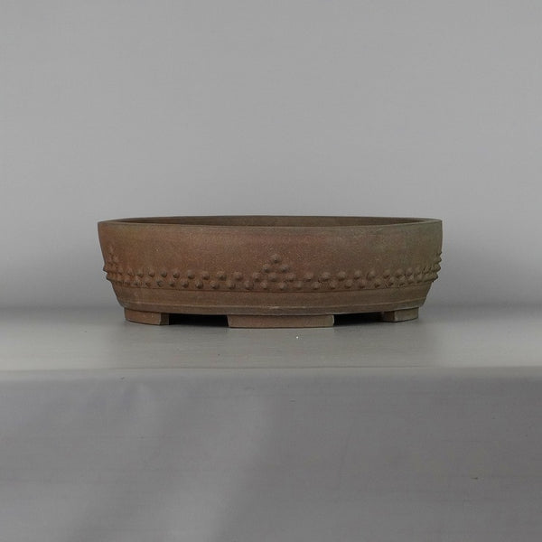 中古 盆栽鉢 舟山 中型 長辺 約37.5cm 丸鉢 鋲打 泥物  中古鉢 r1198402298