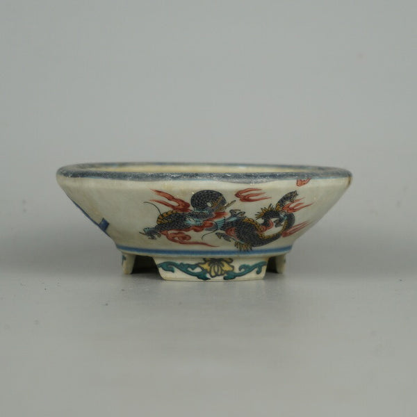 中古盆栽鉢 九谷 小型 長辺 約 10cm 丸鉢 色絵 龍 虎 リュウ トラ 観賞用  中古鉢 q1198419351