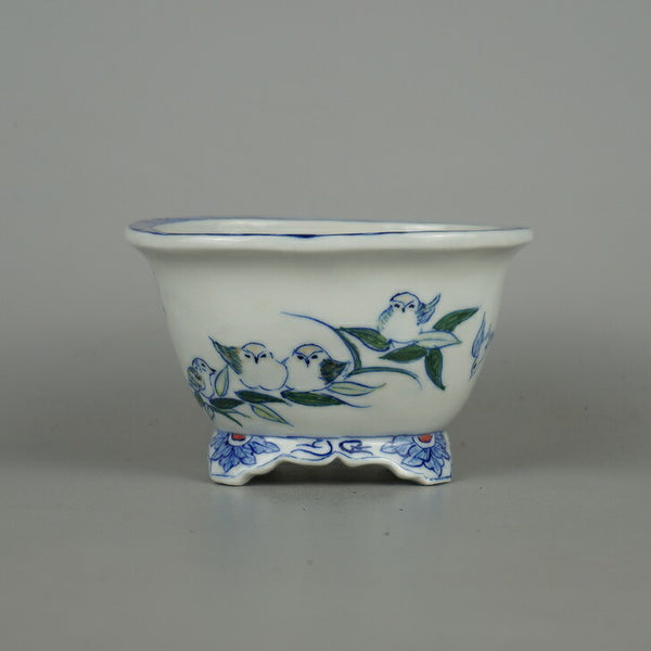 中古盆栽鉢 九谷峰山 小型 長辺 約 13cm 長方鉢 外縁 色絵 鳥 花 梅 観賞用  中古鉢 m1198405533