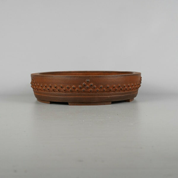 中古 盆栽鉢 舟山 中型 長辺 約24cm 丸鉢 鋲打 泥物  中古鉢 p1198416234