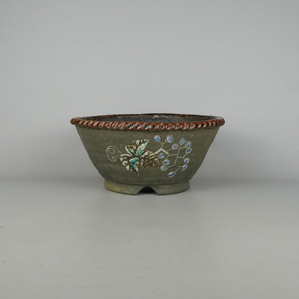 中古盆栽鉢 文山 越前文山 中型 長辺 約26cm 丸鉢 色絵 葡萄 蜻蛉 花 ブドウ トンボ ハナ 観賞用  中古鉢 m1198413250