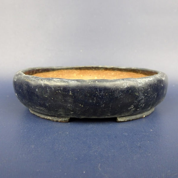 中古盆栽鉢 落款あり w落款 小鉢 長辺 約9.2cm 楕円鉢 釉薬  中古鉢 g1198415342