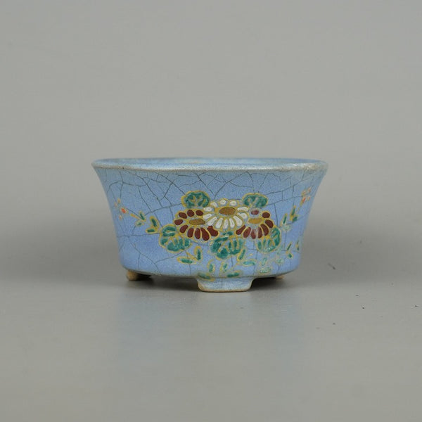 中古盆栽鉢 支香 小型 長辺 約10cm 丸鉢 色絵 花 釉薬  中古鉢 t1198410573