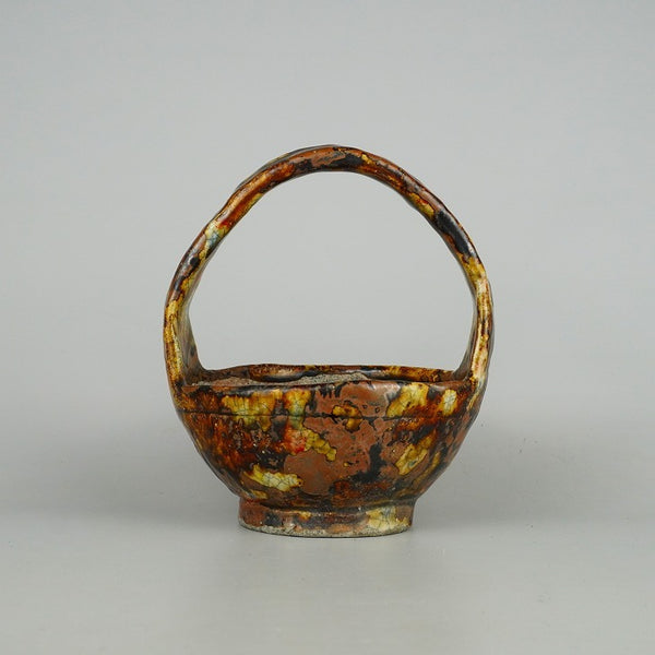 中古盆栽鉢 文山 越前文山 小型 高さ 約19cm 鯖江園芸 丸鉢 取手付き 釉薬 観賞用  中古鉢 u1198428069