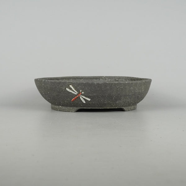 中古盆栽鉢 文山 越前文山 中型 長辺 約22.5cm 楕円鉢 色絵 蜻蛉 トンボ 泥物  中古鉢 n1198405090