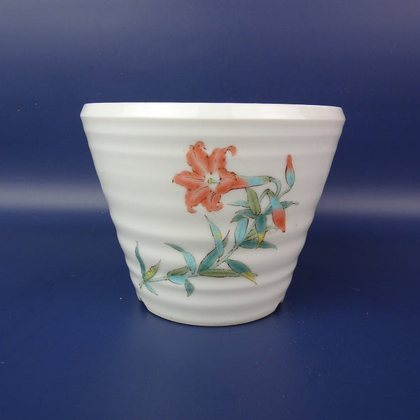 中古盆栽鉢 九谷 福美 小型 長辺 約12.5cm 丸鉢 色絵 花 ユリ 百合 観賞用  中古鉢 m1198406935