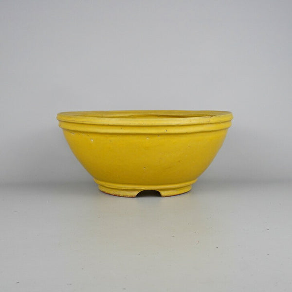 中古 盆栽鉢 常滑 秀峰 中型 長辺 約25cm 丸鉢 上下帯 黄釉 釉薬  中古鉢 s1198417208